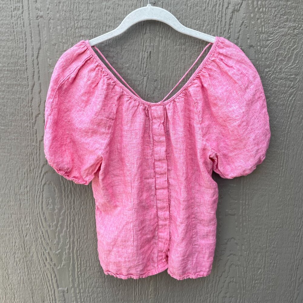 J.Crew Size 0 Blouse V-back 100%‎ Linen ButtonFront Top In Pink